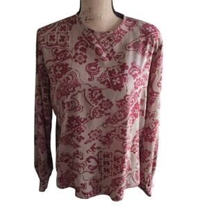 Vintage 80s 90s New Editions Taupe Maroon Abstract Blouse Size L Long Sleeve